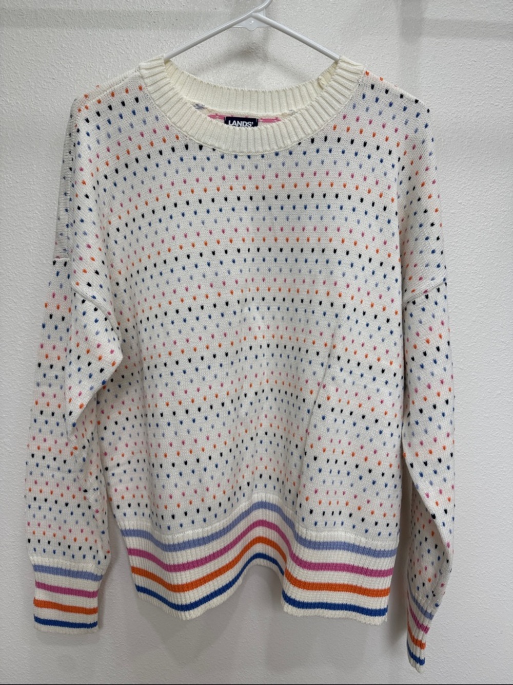 Lands' End Cream Crewneck Sweater with Multicolor Hem Stripes